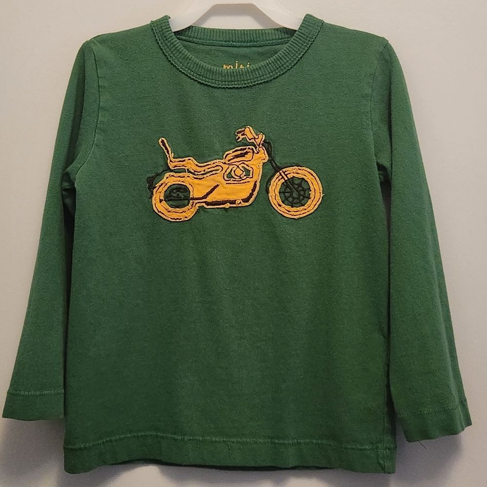 Mini Boden Green Long Sleeve Tee with Yellow Motorcycle Size 4-5Y